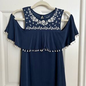 Alya off the shoulder blue top with cream embroidery and drop shoulders